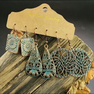Fashion Jewelry Patina Brass Earring Trio